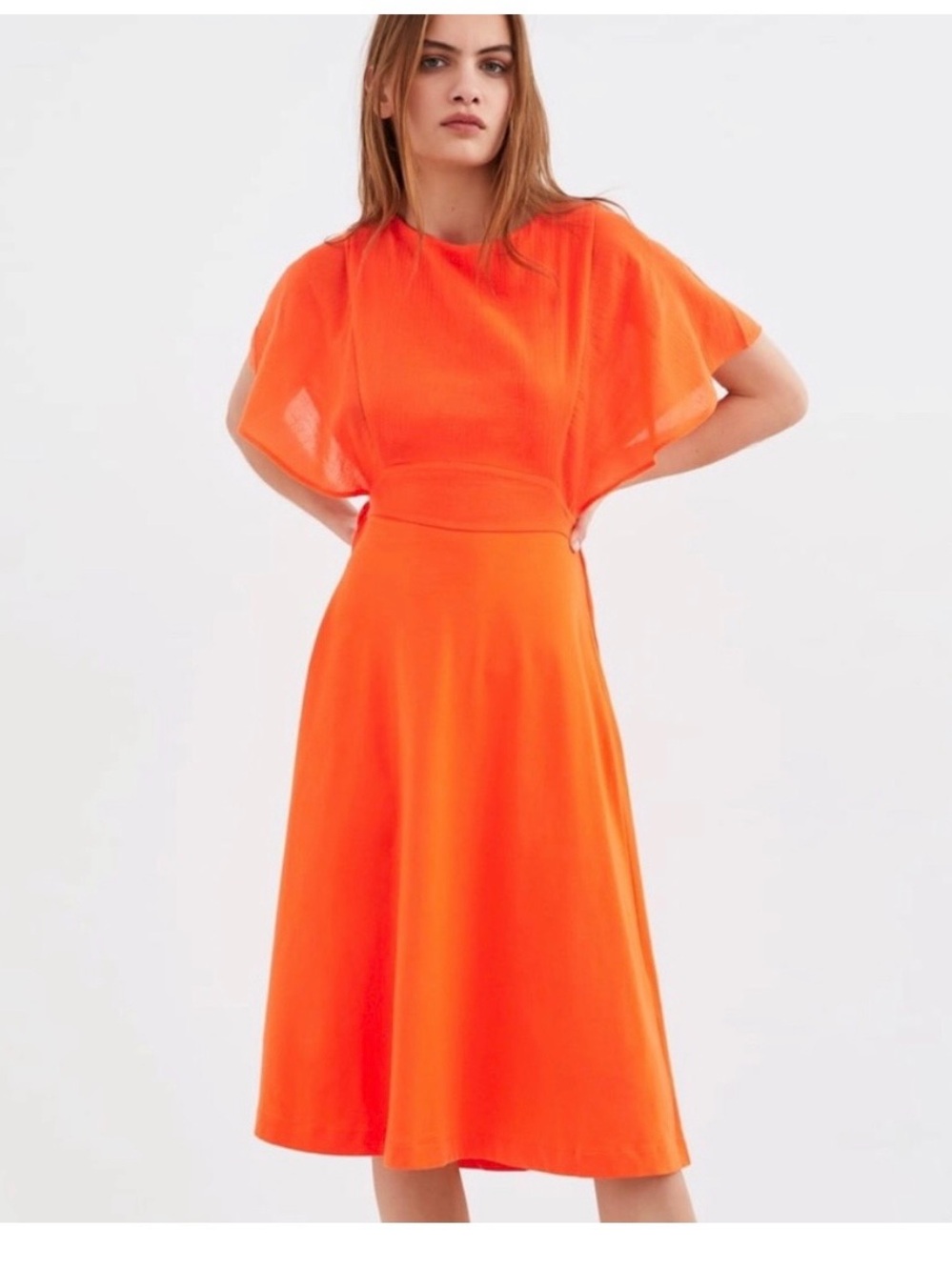 Elegant Orange Midi Dress - Women's Flared Silhouette